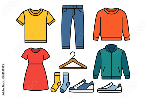 Colorful set of casual clothing items, apparel, and fashion accessories for men and women