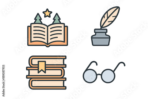 Set of literary icons featuring open book, stacked books, quill pen, inkwell, and reading glasses