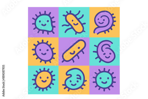 Brightly colored grid display of various happy cartoon bacteria and microscopic germ characters