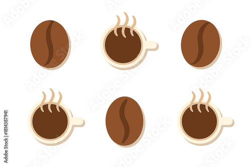 Seamless pattern of stylized coffee beans and steaming hot cups of dark roasted beverage