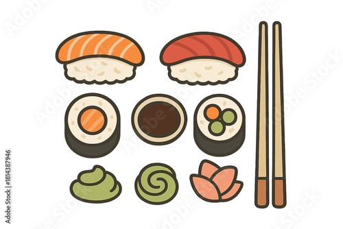 Assortment of Japanese sushi, maki rolls, nigiri, wasabi, pickled ginger, soy sauce, and wooden chopsticks