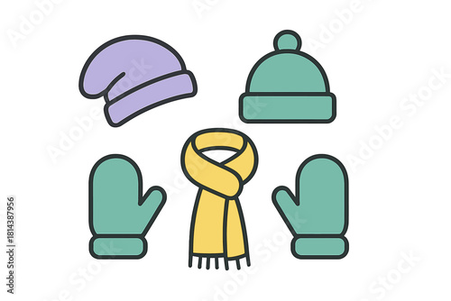 Colorful winter accessories set with warm hats, knitted scarf, and cozy mittens