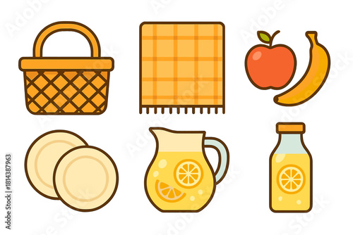 Summer picnic essentials set including basket, blanket, fruit, and lemonade drinks