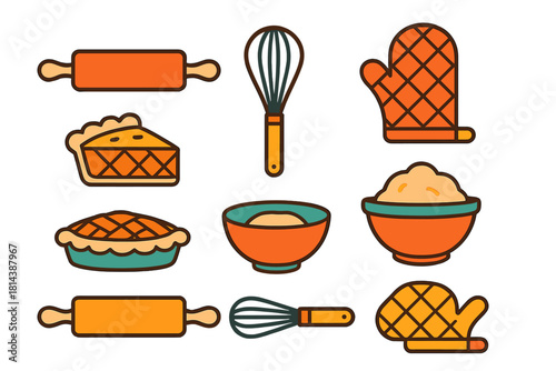 Colorful set of kitchen baking tools and sweet desserts including pie, rolling pin, whisk, and oven mitt