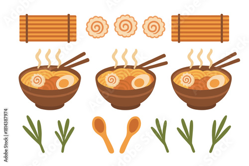Traditional Japanese ramen noodle soup bowls with chopsticks and various ingredients on white background