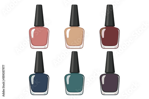 Set of six colorful nail polish bottles for beauty, manicure, and cosmetic concepts