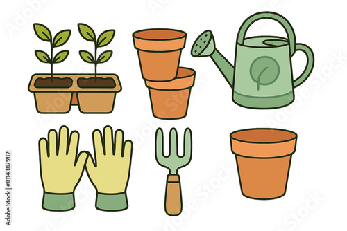 Essential gardening tools and young plant seedlings prepared for spring planting and cultivation
