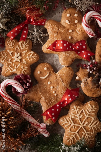 Gingerbread Cookies Decorated With Ribbons and Candy Canes During the Holiday...