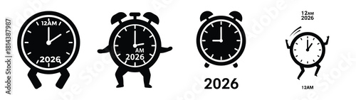 dancing clock 12am 2026 silhouette funny vector illustration