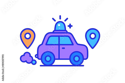 Police car driving between two location pins with flashing siren light and exhaust smoke