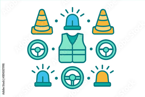 Set of safety equipment and driver training symbols including cones vest and steering wheels