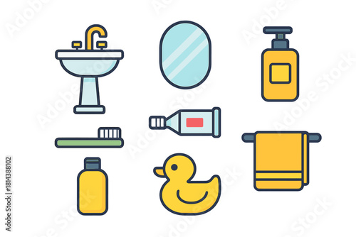 Essential bathroom hygiene and cleaning objects set including sink mirror and rubber duck