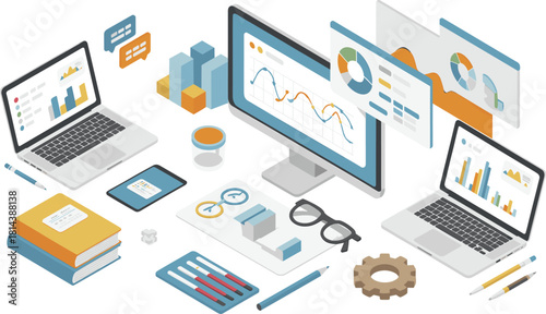 Isometric digital workspace with laptops data charts analytics dashboard computer devices business technology illustration for online work productivity design
