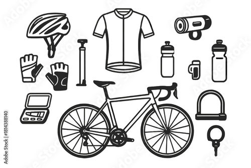 Essential cycling equipment and accessories set including bike, helmet, jersey, and pump