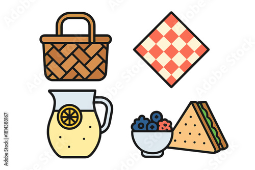 Woven picnic basket, checkered blanket, refreshing lemonade pitcher, and prepared sandwich with fresh berries