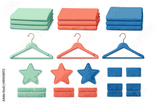 Colorful collection of folded towels, clothes hangers, and decorative stars on white background