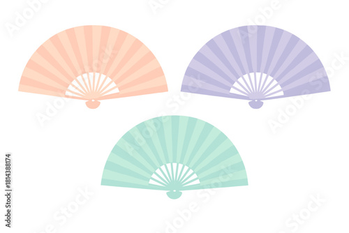 Three traditional Japanese folding hand fans in soft pastel colors on white
