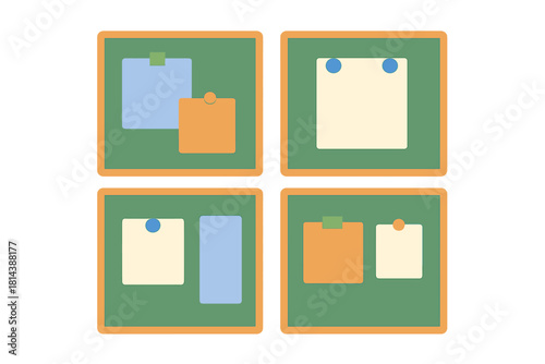 Set of four separate notice boards with blank colorful sticky notes attached by tape and pushpins