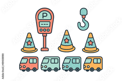 Flat design icons set featuring transportation vehicles, construction equipment, parking meter, and traffic cones