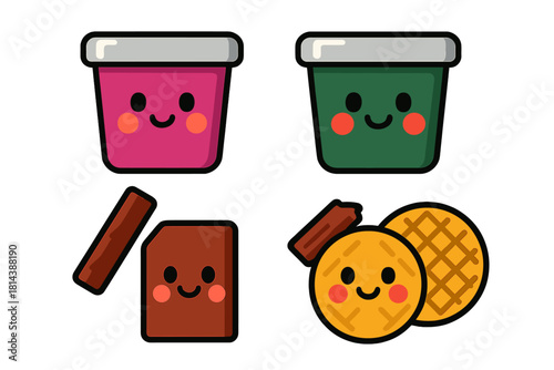 Adorable smiling food characters set including jam jars, chocolate bar, and waffles