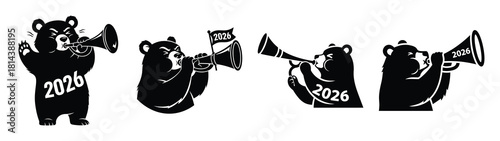 funny bear blowing horn silhouette funny vector illustration