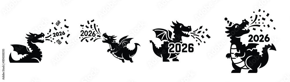 Fototapeta premium funny dragon blowing confetti silhouette funny vector illustration