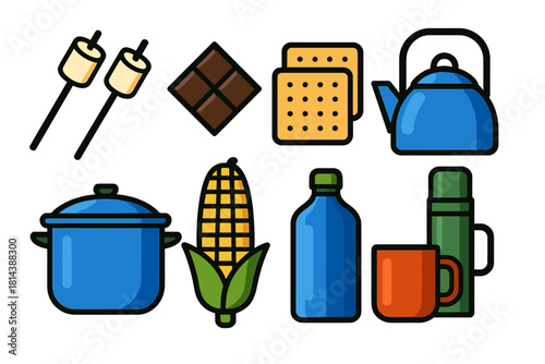 Essential items for outdoor cooking and camping featuring kettle pot corn chocolate and marshmallows