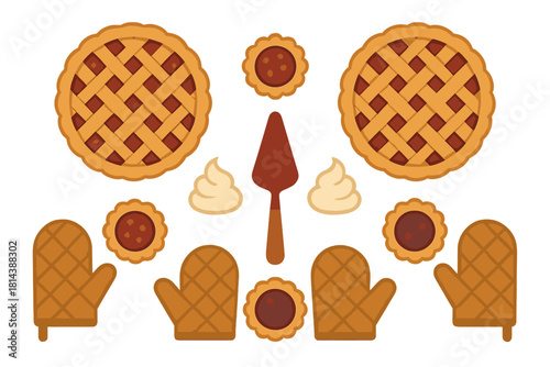 Freshly baked lattice pies, small cookies, oven mitts, and dessert serving tools arranged symmetrically