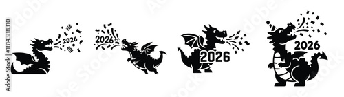 funny dragon blowing confetti silhouette funny vector illustration