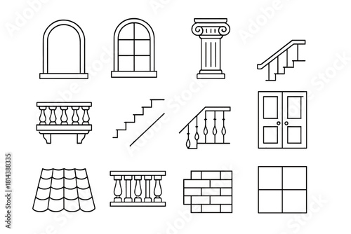 Set of classic architectural elements including columns, windows, staircases, balustrades, and roof tiles