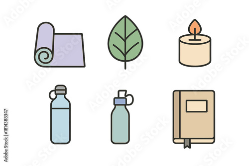 Collection of wellness and self-care icons including yoga mat leaf candle water bottles and journal