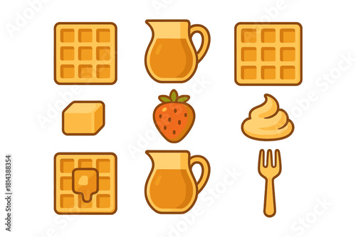 Breakfast food icons set including waffles syrup butter strawberry and whipped cream