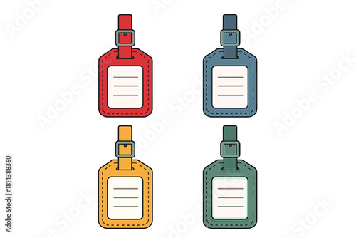 Four colorful luggage tags with straps and buckles used for travel identification