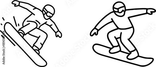 Dynamic snowboarder action poses in a clean line drawing silhouette