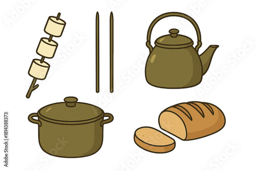 Outdoor cooking and camping essentials set with kettle, pot, bread, and marshmallows on a roasting stick