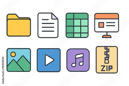 Collection of modern flat icons for digital file formats media and compressed archives