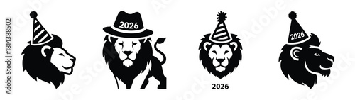 funny lion wearing hat silhouette funny vector illustration