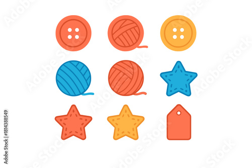 Colorful collection of sewing and crafting elements: buttons, yarn balls, and decorative star shapes
