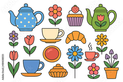 Colorful retro set of teapots, coffee cups, baked goods, and spring flowers