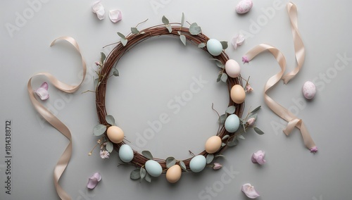 Spring Wreath Decoration With Pastel Colored Eggs and Ribbons on Light Backgr...