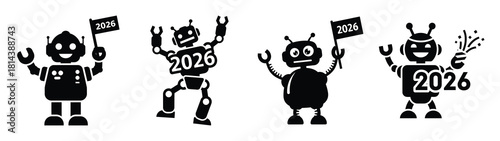 funny robot celebrating 2026 silhouette funny vector illustration