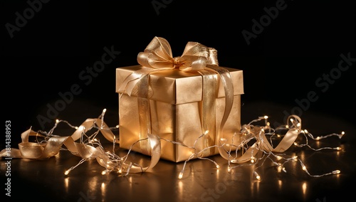Golden Gift Box Wrapped With Ribbon and Fairy Lights on Dark Background Durin...