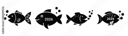 happy fish blowing bubbles silhouette funny vector illustration