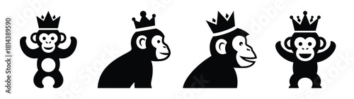 happy monkey wearing crown silhouette funny vector illustration