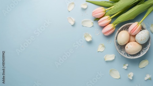 Festive Spring Arrangement With Pastel Eggs and Tulips on a Soft Blue Background