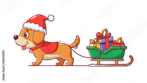 Cartoon Christmas puppy delivering tiny presents on a sled