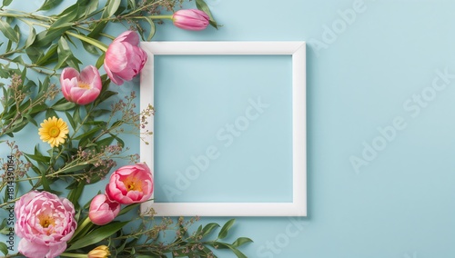 Colorful Flowers Arranged Around a Blank Frame on a Soft Blue Background for ...