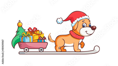 Cartoon Christmas puppy delivering tiny presents on a sled
