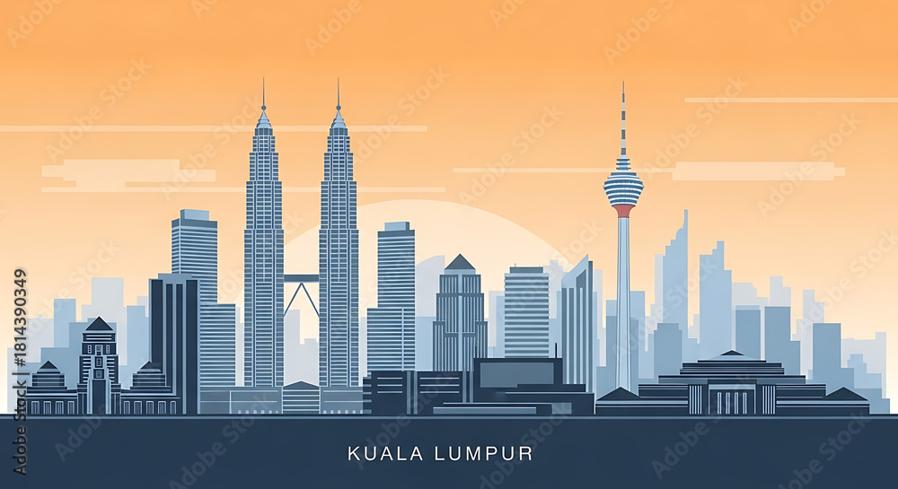 Obraz premium Kuala Lumpur Malaysia Urban Skyline Minimalist Vector Art Highlighting Simplified City Silhouette, Iconic Architecture, Panoramic Horizon, and Landmark Buildings for Travel and Tourism