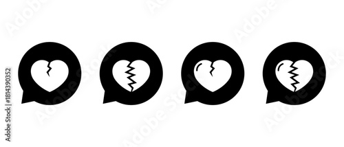 Heartbreak in chat bubble icon set. Cracked heart symbol. Breakup and emotion reaction sign